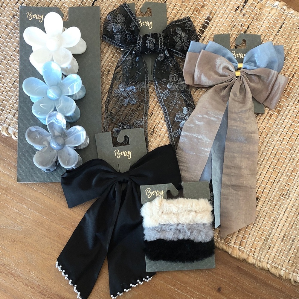 Berry Assorted Hair Bows & Clips - Black, Gray, Blue, White